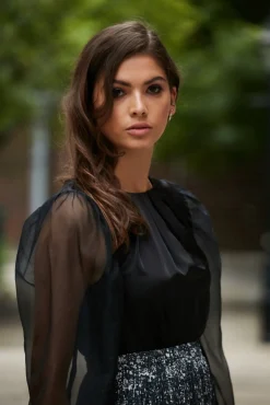 Blouses^Double Second Organza Puff Sleeve Satin Top Black