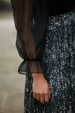 Blouses^Double Second Organza Puff Sleeve Satin Top Black