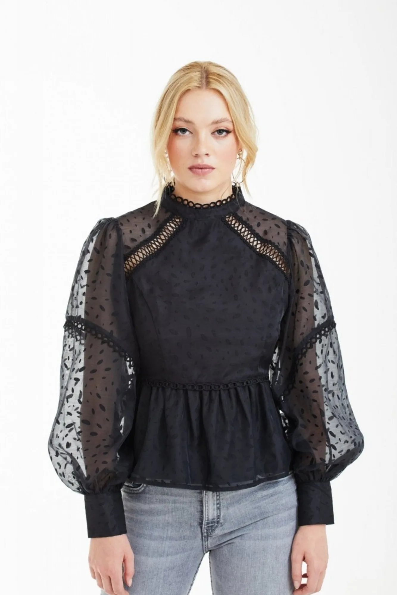 Blouses^Double Second Polka Dot Organza Puff Sleeve Top Black