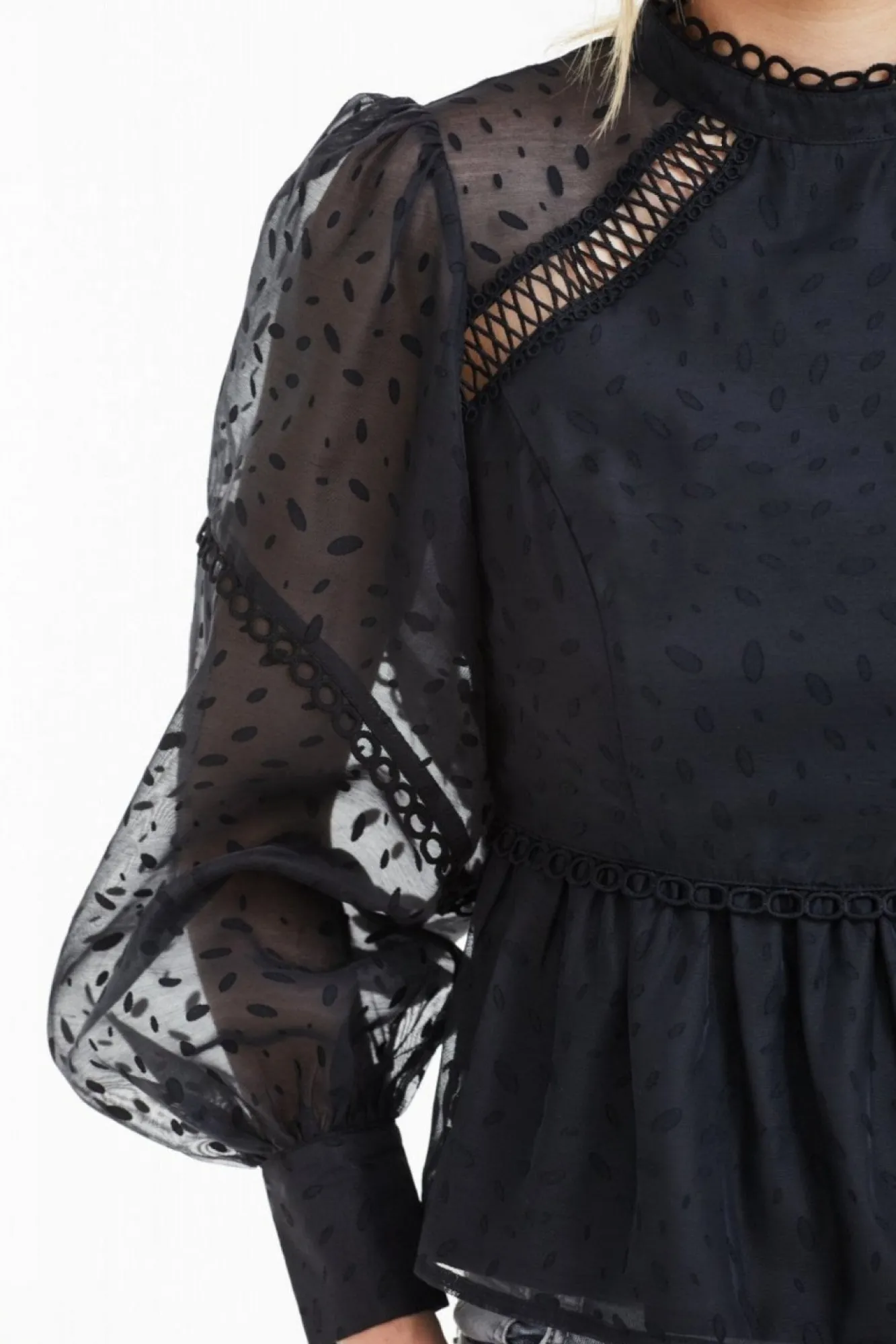 Blouses^Double Second Polka Dot Organza Puff Sleeve Top Black