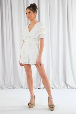 Jumpsuits^Double Second Puff Sleeve Broderie Playsuit White