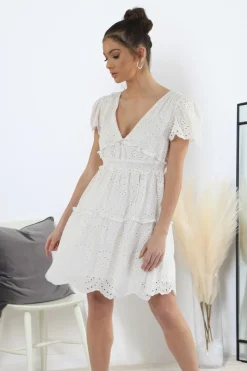 Mini Dresses^Double Second Puff Sleeve Broderie Dress White