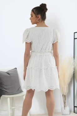 Mini Dresses^Double Second Puff Sleeve Broderie Dress White