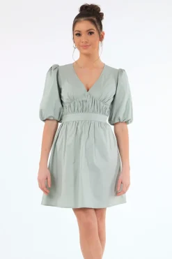 Mini Dresses^Double Second Sage Volume Sleeve Ruched Dress Green