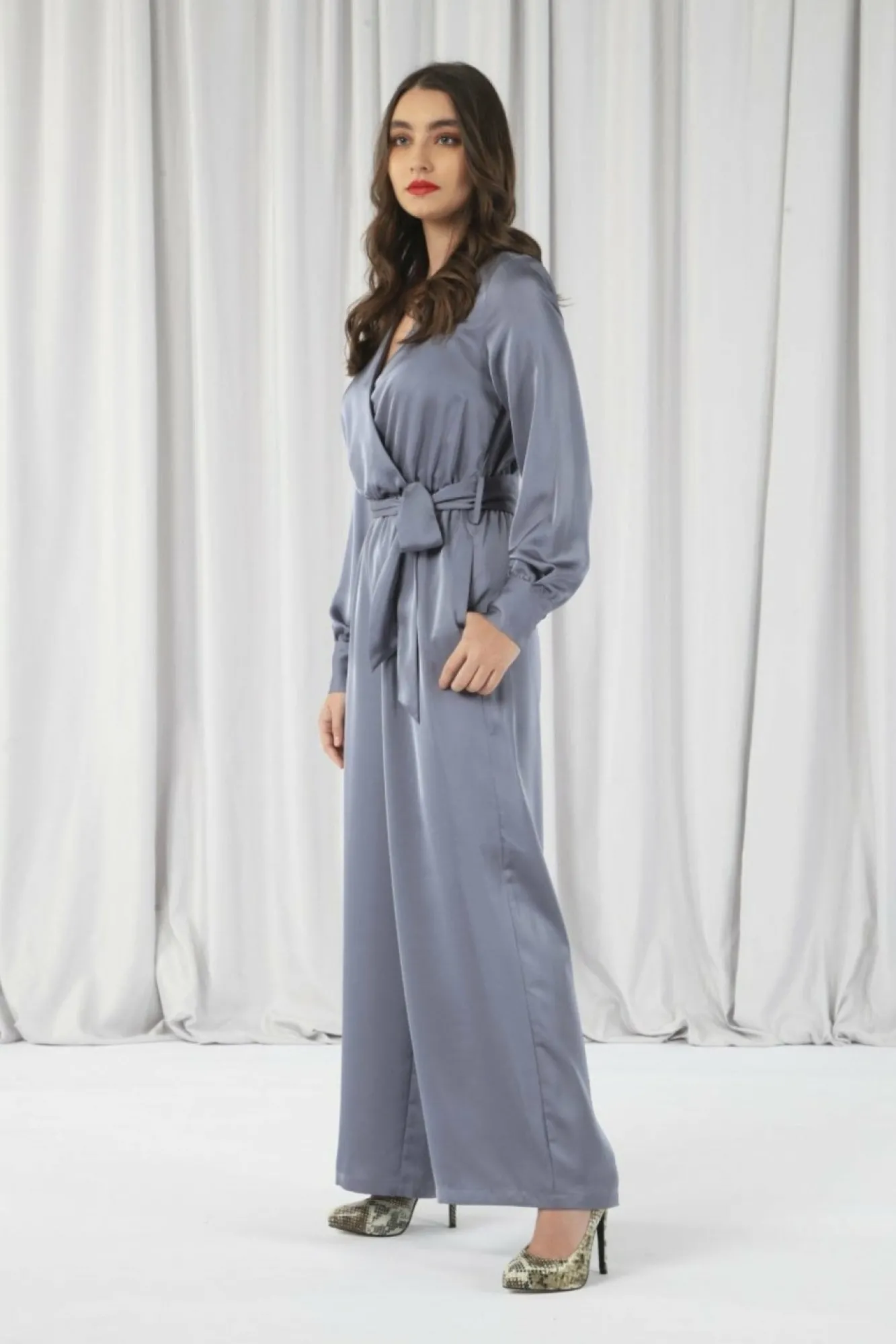 Jumpsuits^Double Second Silver/Blue Lux Satin Wrap Jumpsuit Silverblue