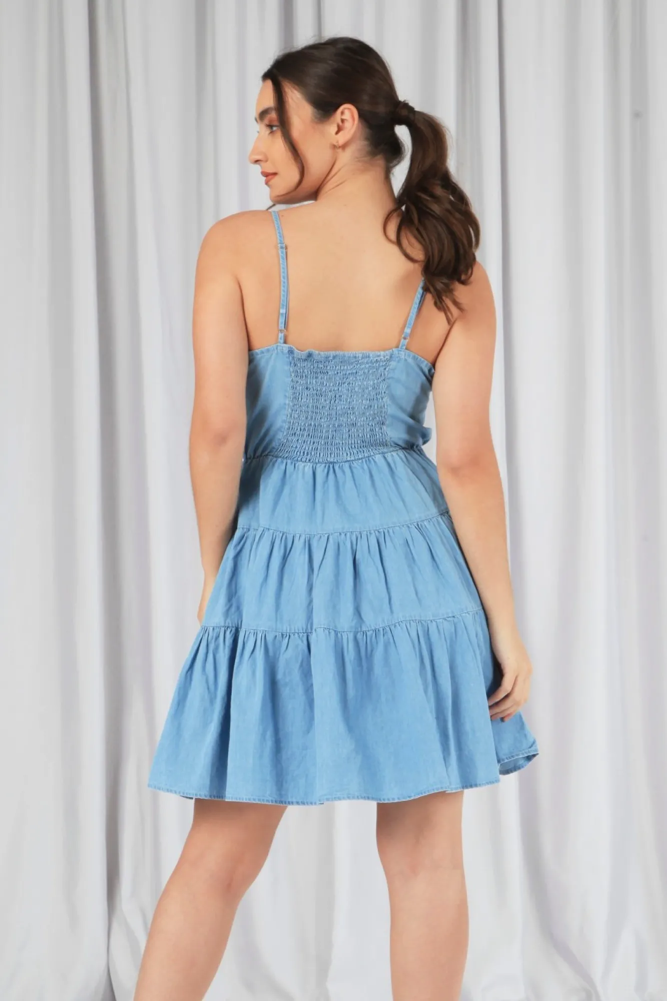 Mini Dresses^Double Second Tiered Strappy Chambray Dress Blue