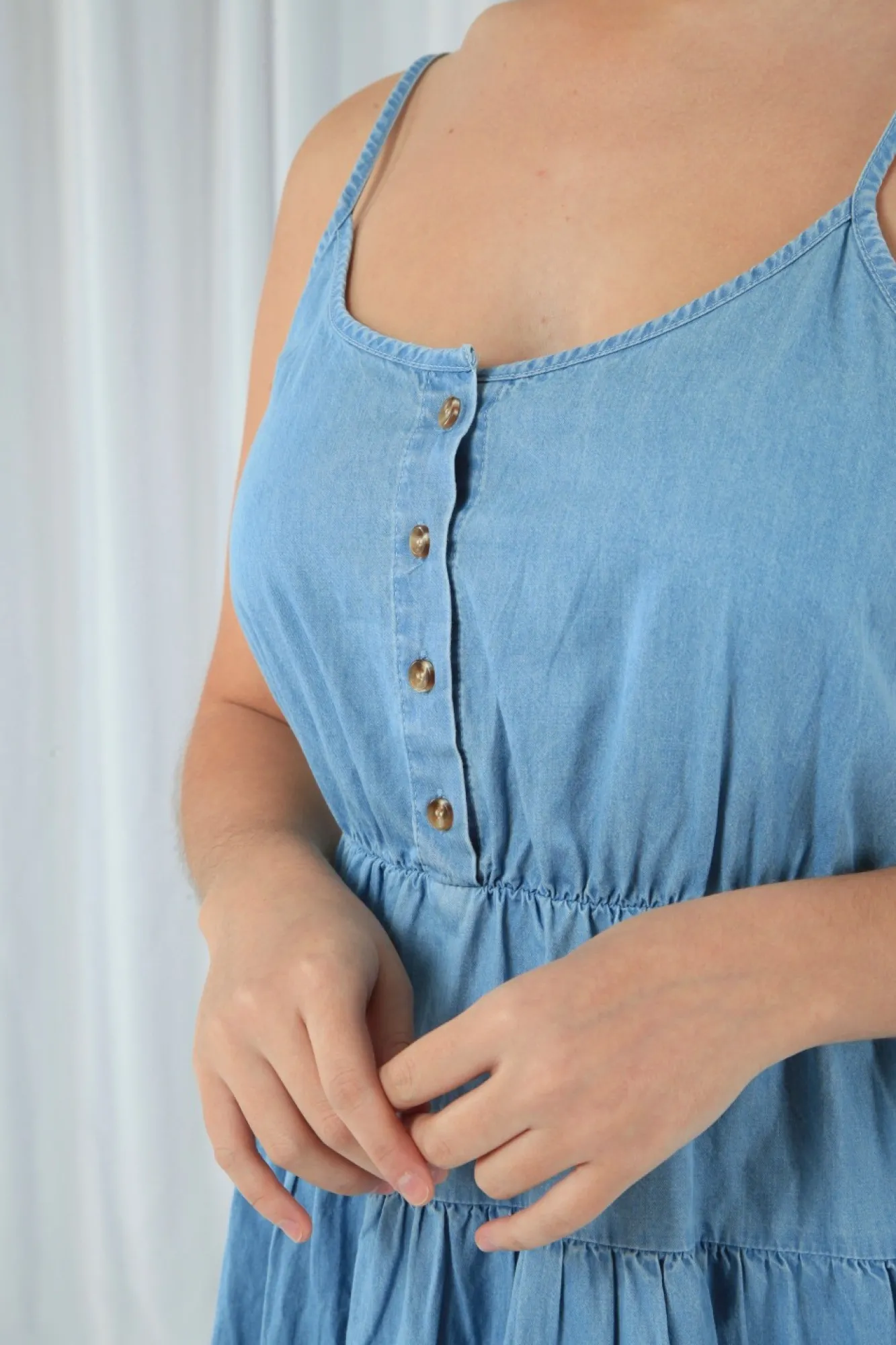 Mini Dresses^Double Second Tiered Strappy Chambray Dress Blue