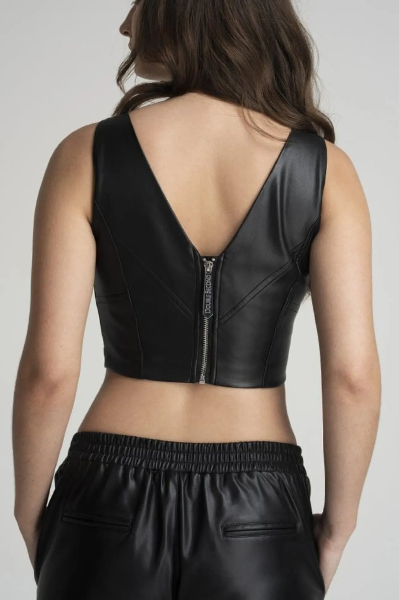 Crop Tops^Double Second Vegan Leather Crop Top Black