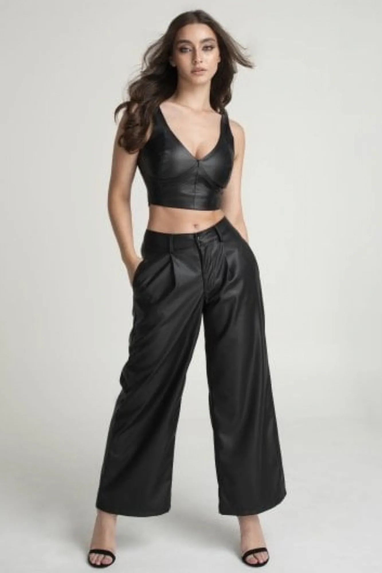 Trousers^Double Second Vegan Leather Wide Leg Trousers Black