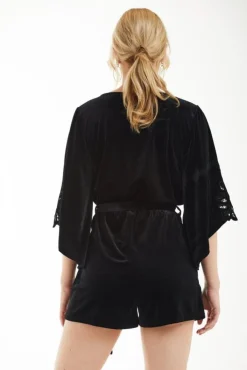 Jumpsuits^Double Second Velvet Embroidery Wrap Playsuit Black