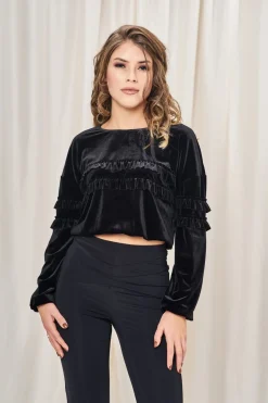 Crop Tops^Double Second Velvet Frill Crop Top With Embroidery Black