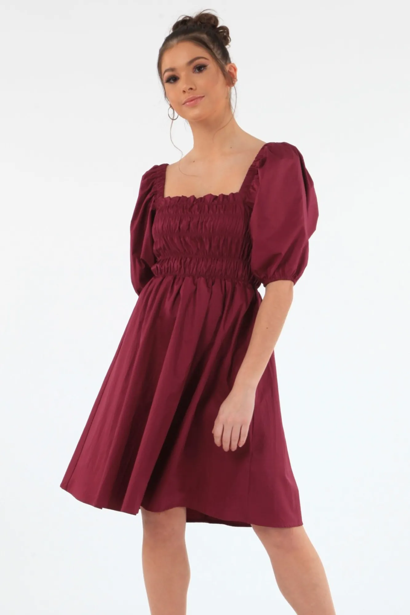 Mini Dresses^Double Second Wine Ruched Puff Sleeve Dress Red