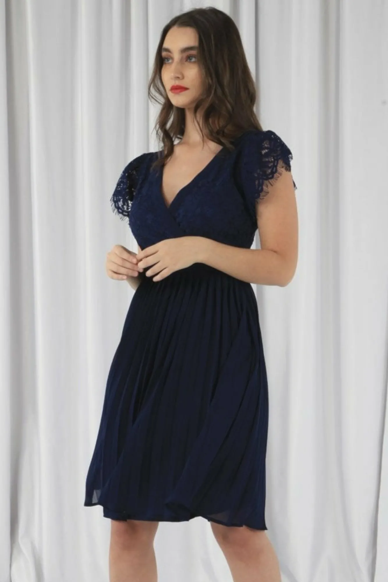 Mini Dresses^Double Second Wrap Lace Chiffon Dress Navy