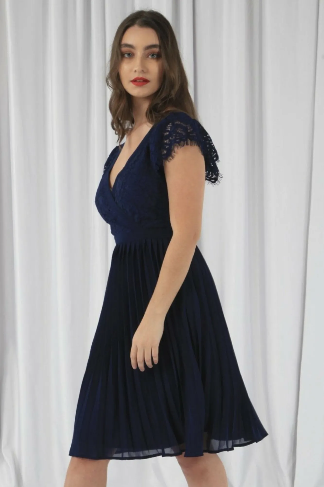 Mini Dresses^Double Second Wrap Lace Chiffon Dress Navy