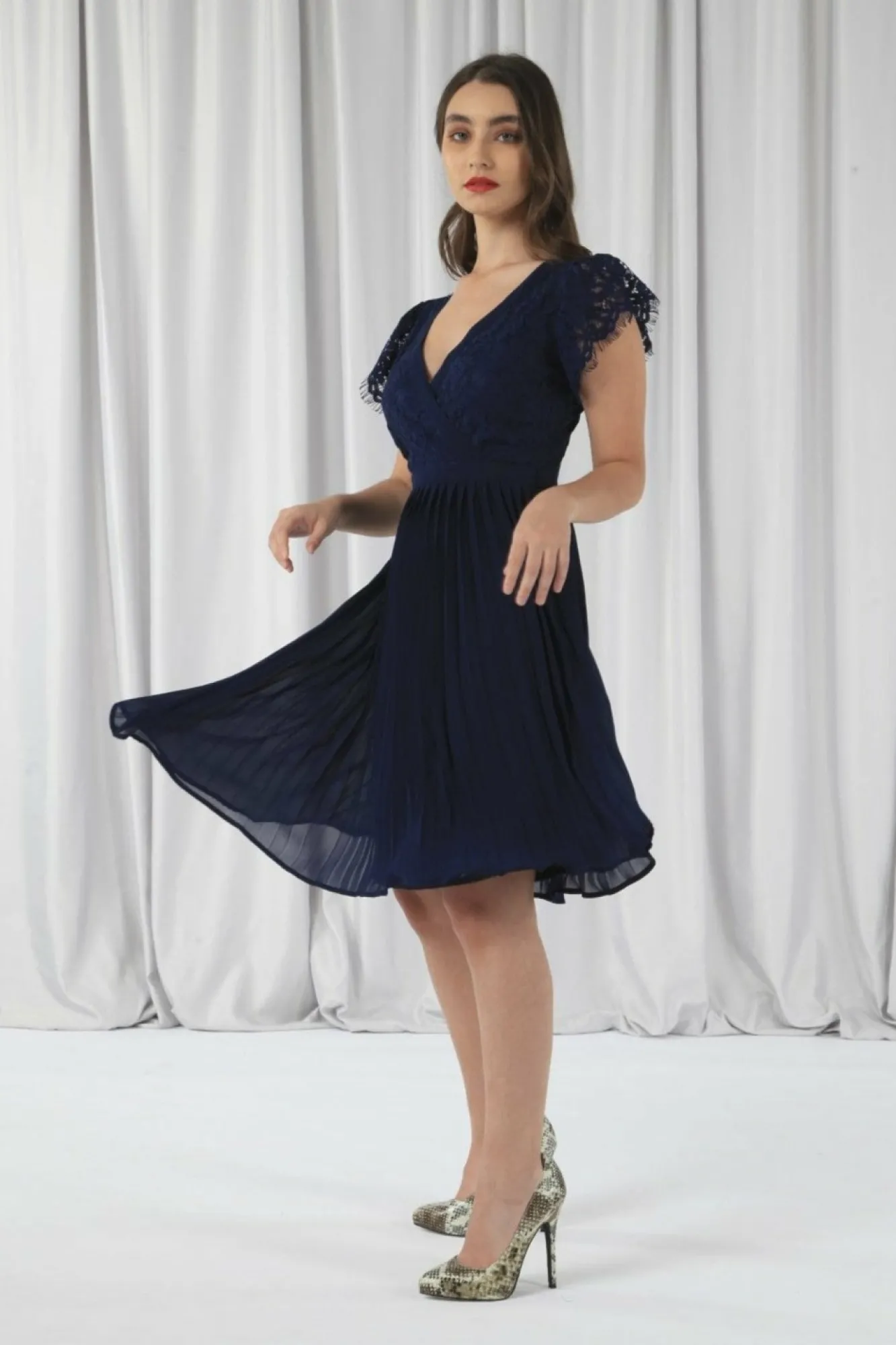 Mini Dresses^Double Second Wrap Lace Chiffon Dress Navy