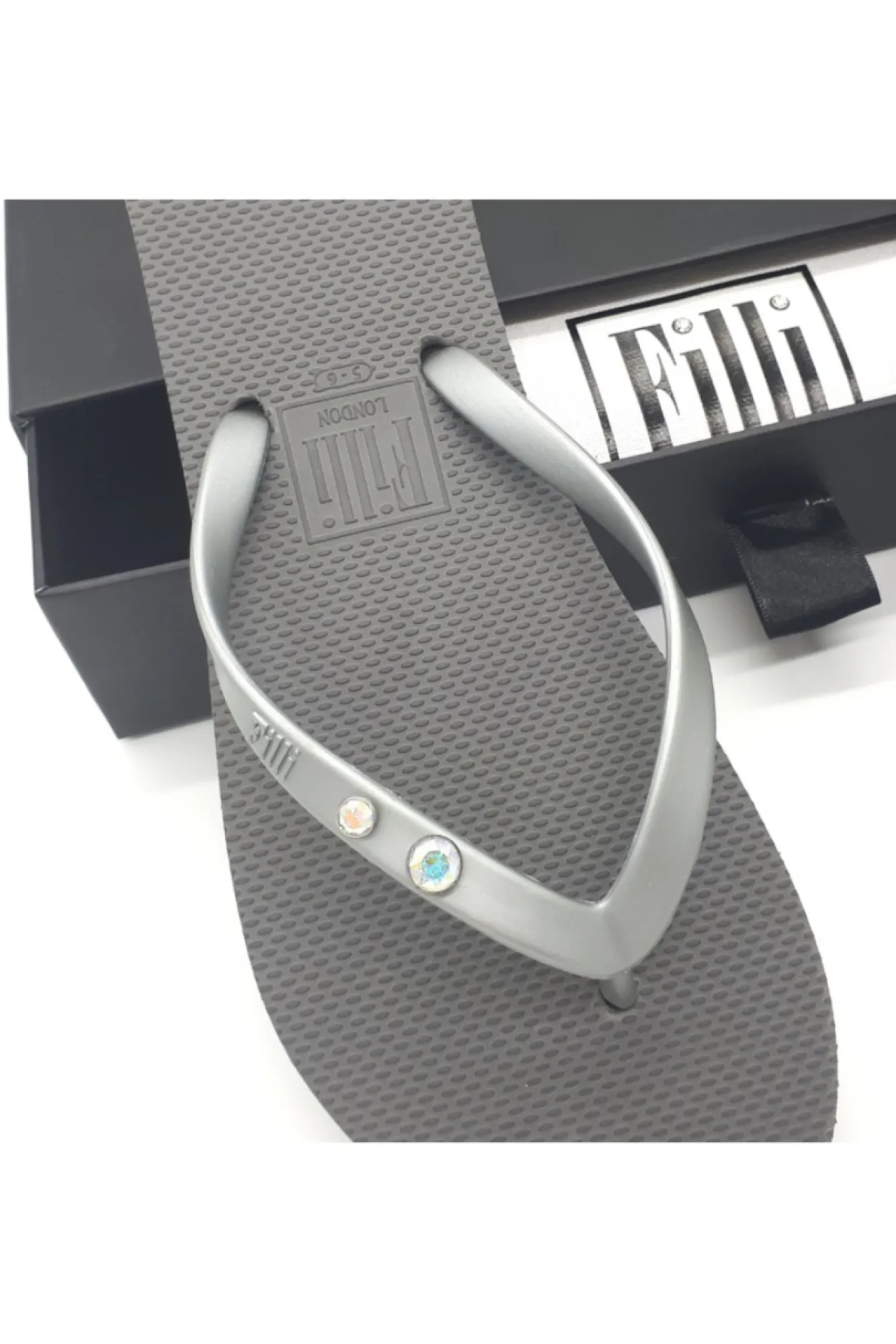 Sandals^Filli London Aurora Crystal Duo Luxury Flip Flops Silver