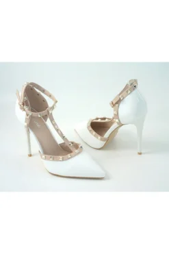 High Heels^Glitz Shoes Cassidy Studded T Bar Court Shoe White