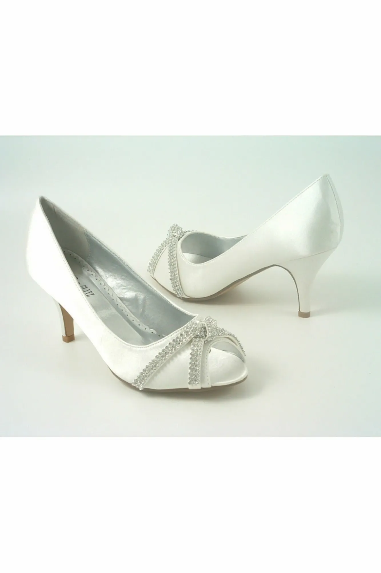 Mid Heels^Glitz Shoes Diamante Metallic Peep Toe Court Shoe Ivory