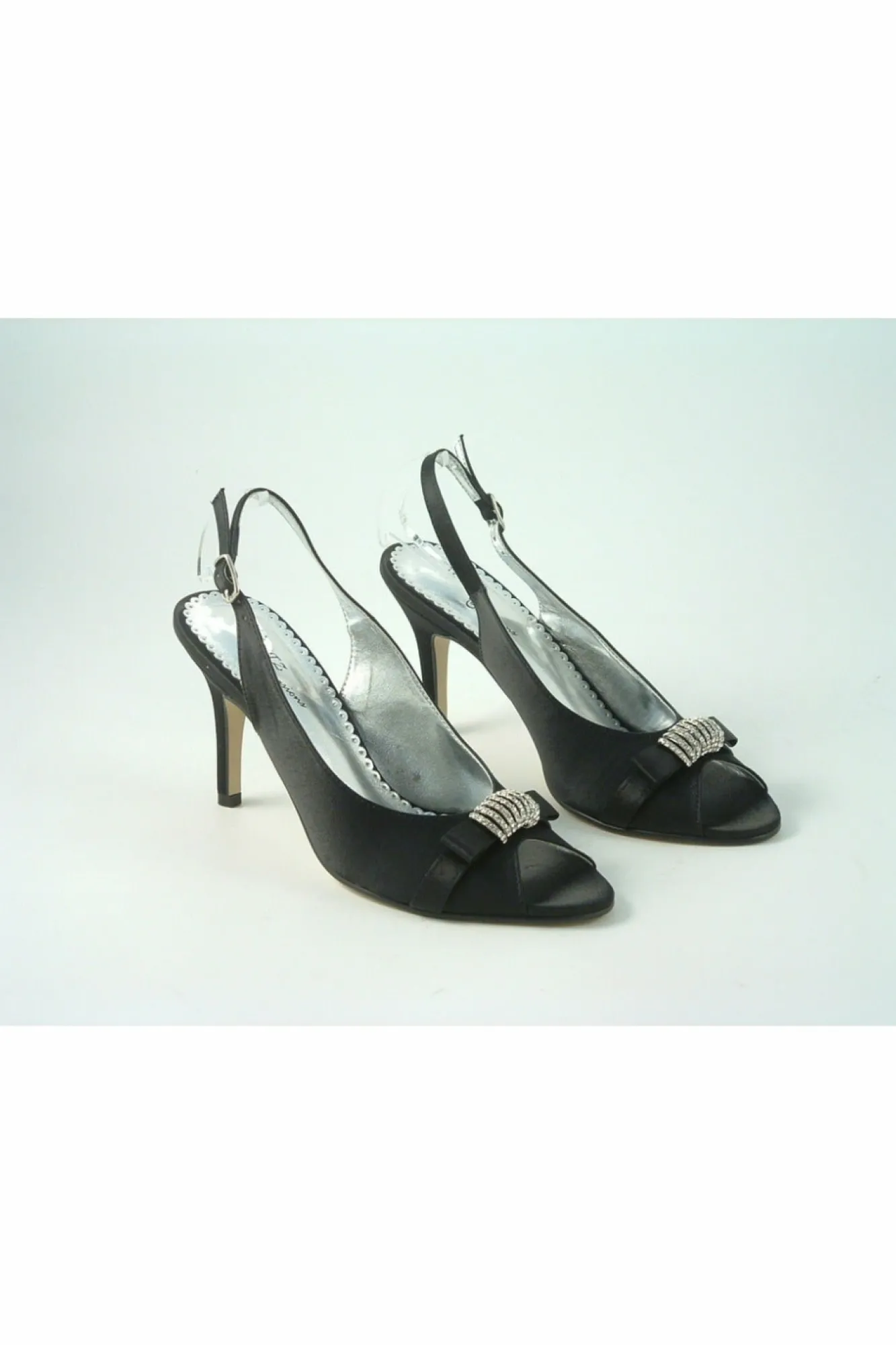 Mid Heels^Glitz Shoes Diamante Satin Mid Heel Peep Toe Sling Black