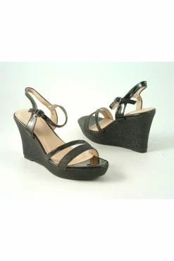 Sandals^Glitz Shoes Divine High Heel Glitter Wedge Sandal Black