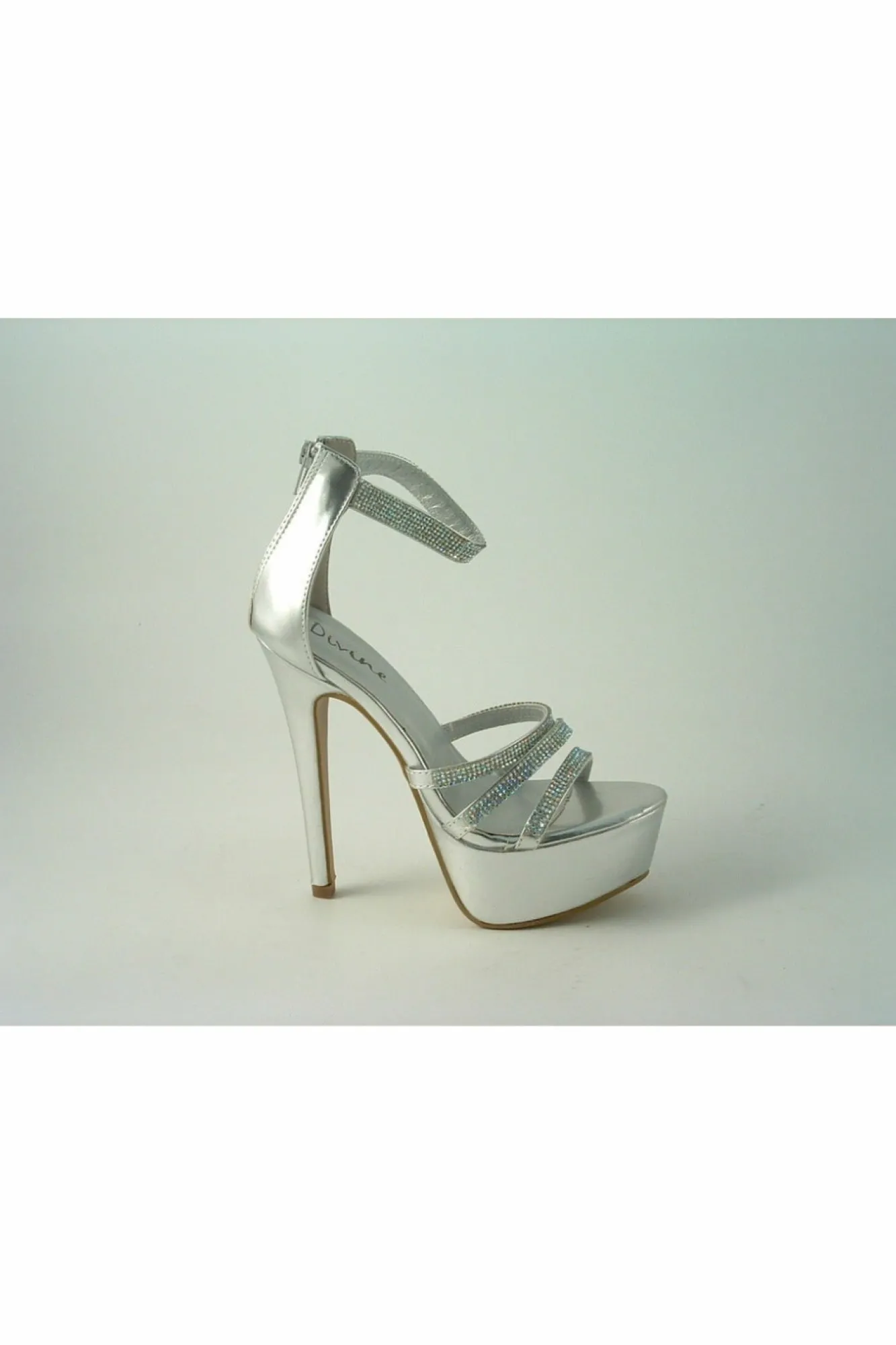 High Heels^Glitz Shoes Divine Tall Diamante Platform Silver