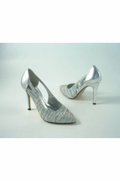 High Heels^Glitz Shoes Glimmer Glamour N Glitz Metallic Open Side Shoe Silver