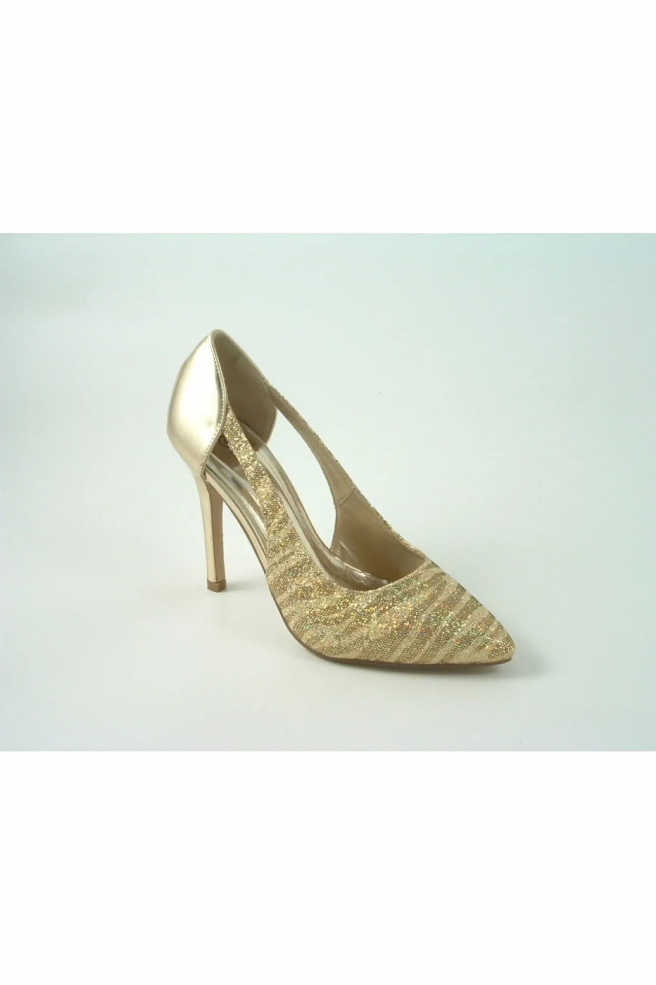 High Heels^Glitz Shoes Glimmer Glamour N Glitz Metallic Open Side Shoe Gold