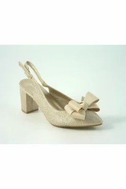 Mid Heels^Glitz Shoes Glitter Bowed Sling Back Court Shoe Champagne