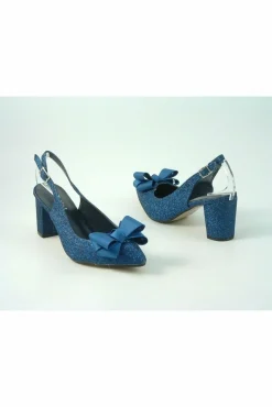 Mid Heels^Glitz Shoes Glitter Bowed Sling Back Court Shoe Navy