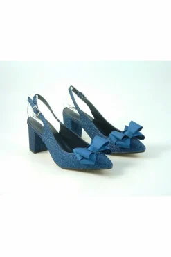 Mid Heels^Glitz Shoes Glitter Bowed Sling Back Court Shoe Navy