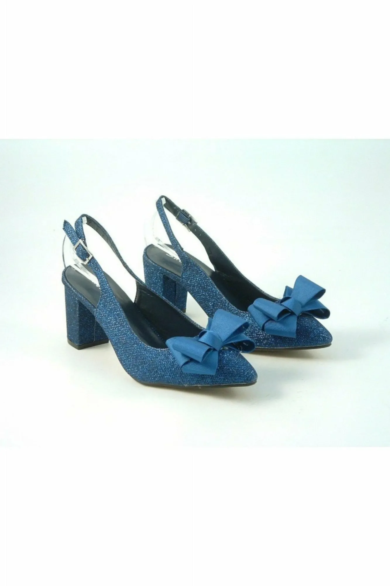 Mid Heels^Glitz Shoes Glitter Bowed Sling Back Court Shoe Navy