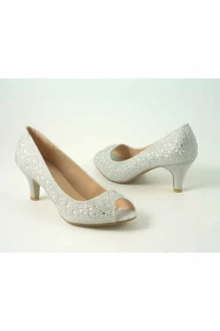 Mid Heels^Glitz Shoes Margo Glitter Diamante Mid Heel Peep Toe Shoe