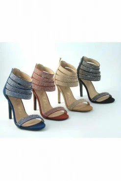 Sandals^Glitz Shoes Ora Divine Diamante Faux Suede Strap Heeled Sand Red