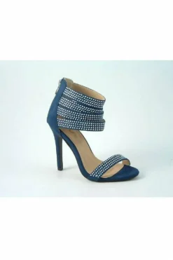 Sandals^Glitz Shoes Ora Divine Diamante Faux Suede Strap Heeled Sand Blue