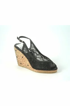Sandals^Glitz Shoes Satin Peep Toe Diamante Wedge Sandal Black