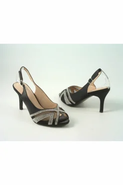 Mid Heels^Glitz Shoes Sienna Diamante Peep Toe Sling Back Mid Heel Black