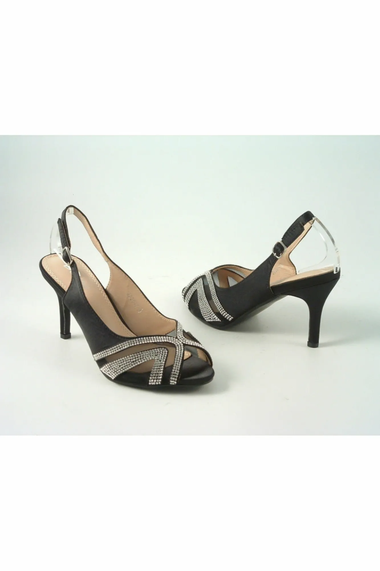 Mid Heels^Glitz Shoes Sienna Diamante Peep Toe Sling Back Mid Heel Black