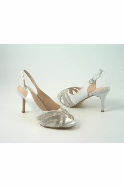 Mid Heels^Glitz Shoes Sienna Diamante Peep Toe Sling Back Mid Heel Silver