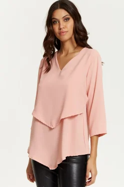 Blouses^Hoxton Gal 3/4 Sleeves V Neck Layered Relaxed Fit Top Pink