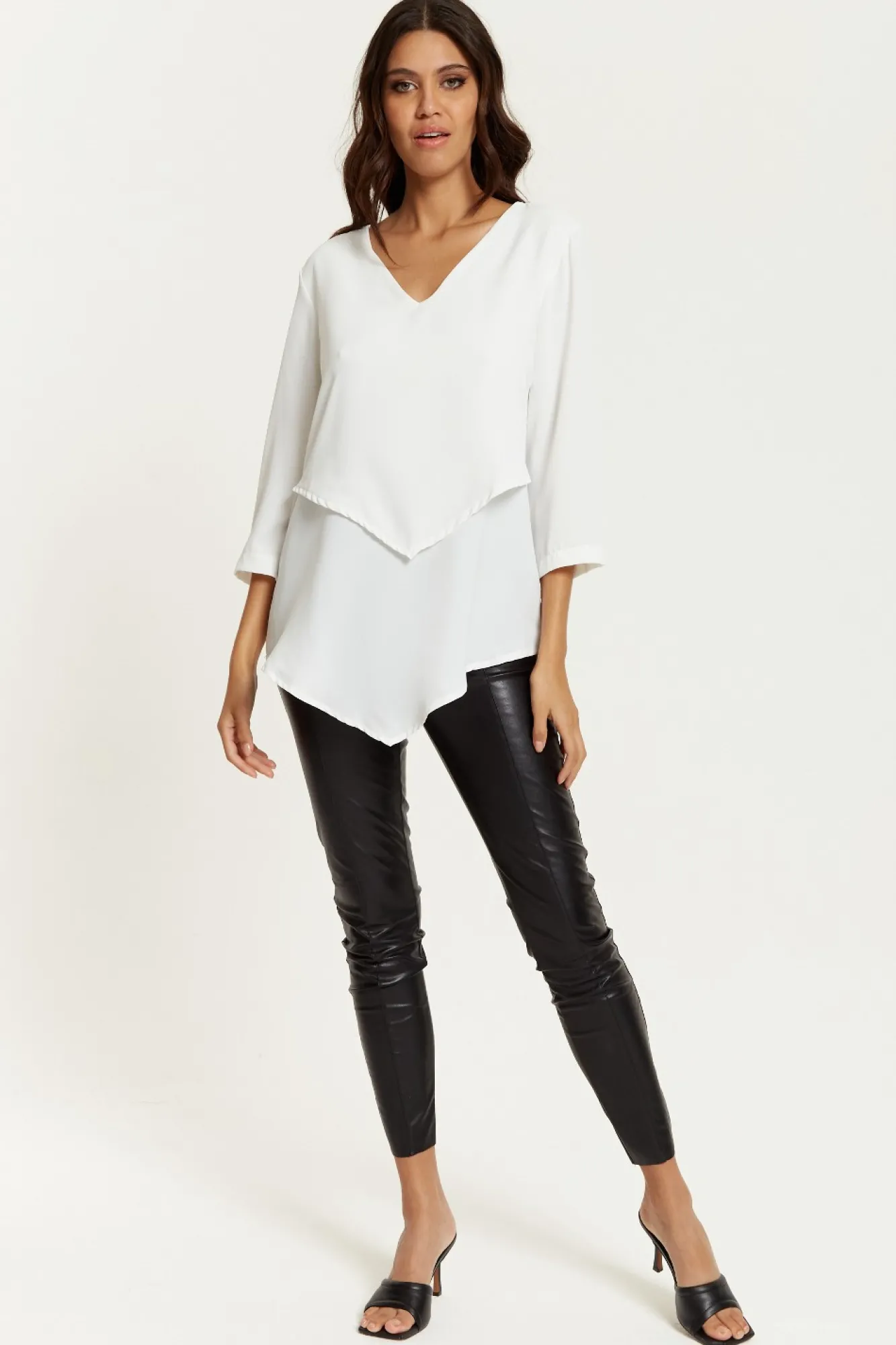 Blouses^Hoxton Gal 3/4 Sleeves V Neck Layered Relaxed Fit Top White