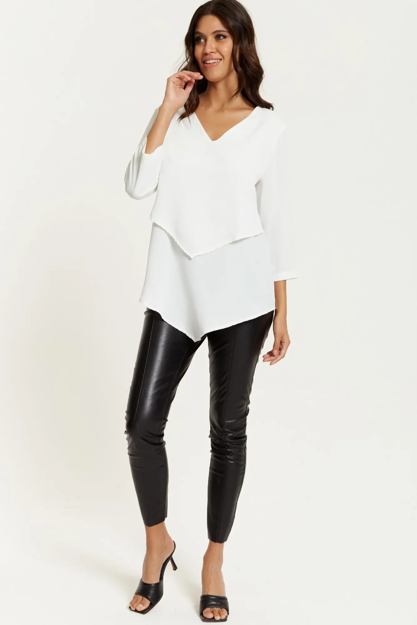 Blouses^Hoxton Gal 3/4 Sleeves V Neck Layered Relaxed Fit Top White