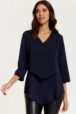 Blouses^Hoxton Gal 3/4 Sleeves V Neck Layered Relaxed Fit Top Navy