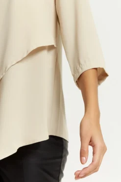 Blouses^Hoxton Gal 3/4 Sleeves V Neck Layered Relaxed Fit Top Beige