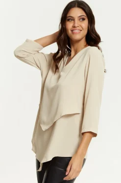 Blouses^Hoxton Gal 3/4 Sleeves V Neck Layered Relaxed Fit Top Beige