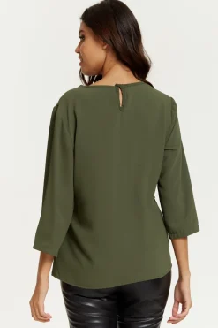 Blouses^Hoxton Gal 3/4 Sleeves V Neck Layered Relaxed Fit Top Khaki