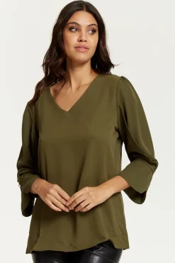 Blouses^Hoxton Gal Long Sleeves Detailed Cuff Blouse With V Neck Khaki
