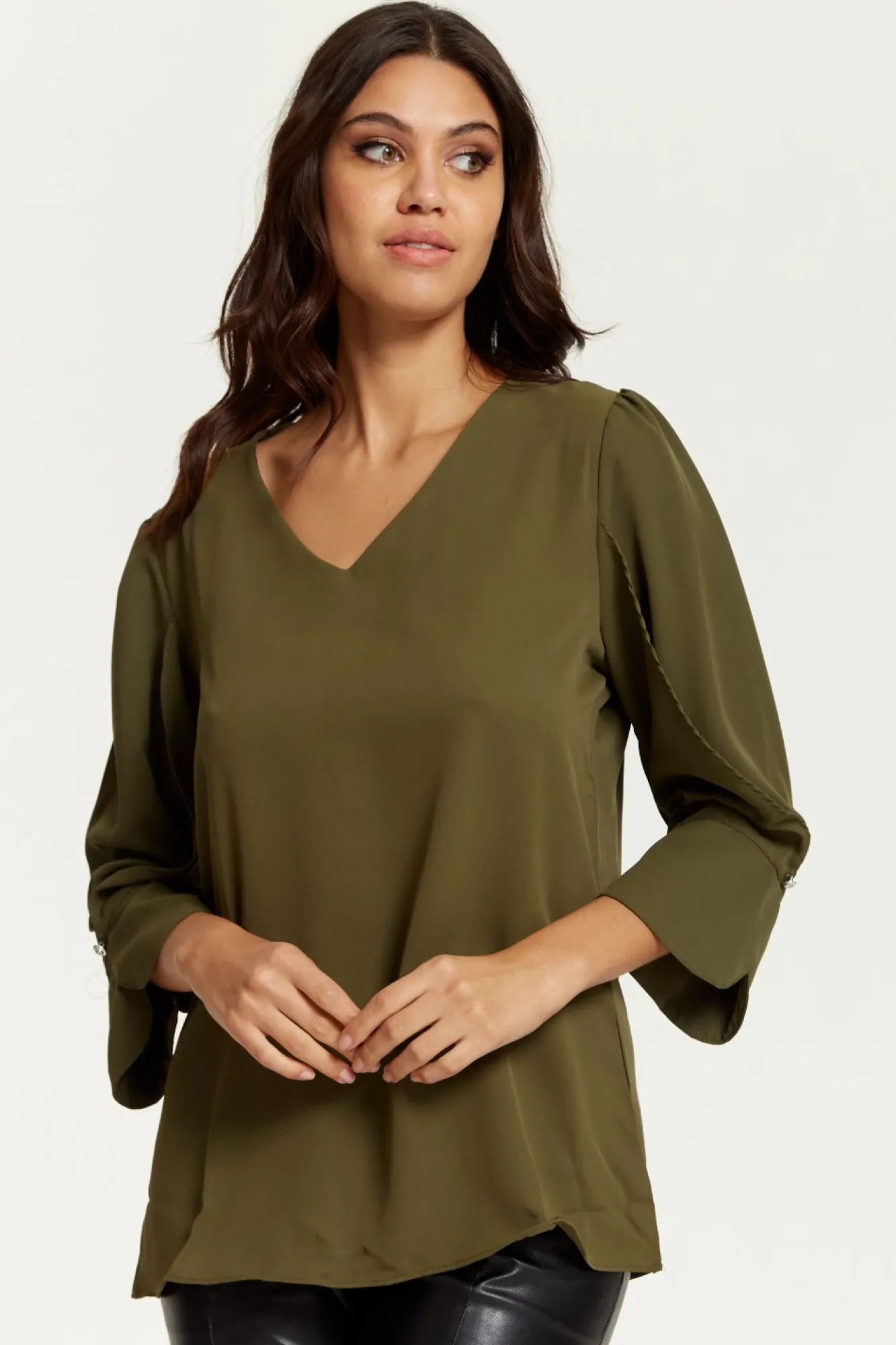 Blouses^Hoxton Gal Long Sleeves Detailed Cuff Blouse With V Neck Khaki