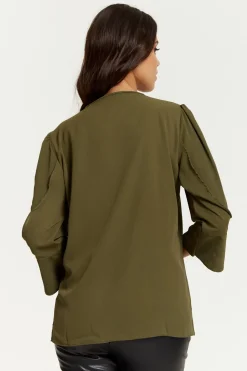 Blouses^Hoxton Gal Long Sleeves Detailed Cuff Blouse With V Neck Khaki