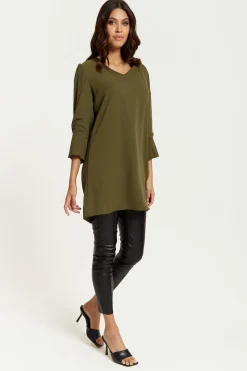 Blouses^Hoxton Gal Oversized Detailed Sleeves V Neck Tunic In Khaki
