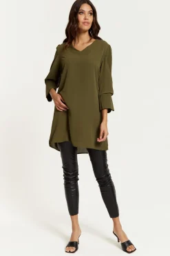 Blouses^Hoxton Gal Oversized Detailed Sleeves V Neck Tunic In Khaki